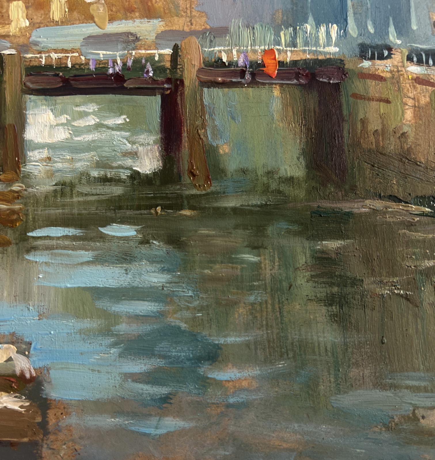 Textured oil painting of weathered city bridge over calm water by Yuriy Suprunchuk