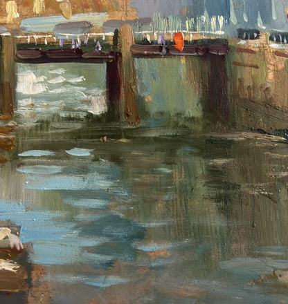 Textured oil painting of weathered city bridge over calm water by Yuriy Suprunchuk