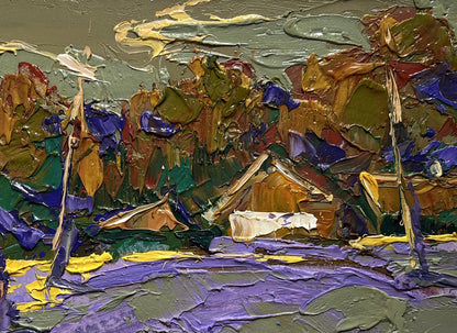 Oil painting Overlooking the village by Oksana Ivanyuk, vibrant stylized landscape