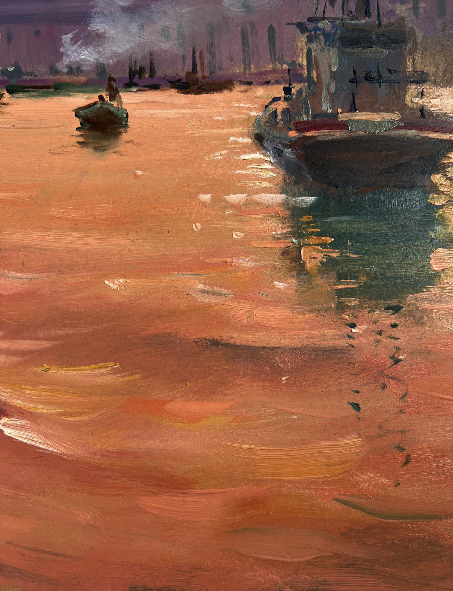 Oil painting of Venetian harbor by Yuriy Suprunchuk, dusky sky