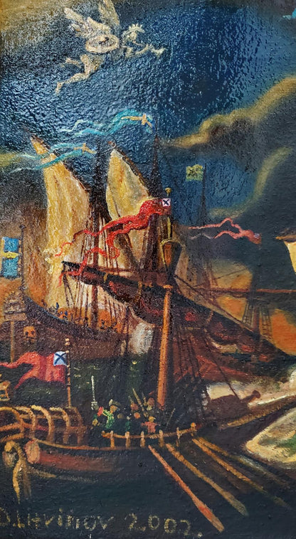 Oil painting Fights at sea by Daniil Litvinov: naval battle under stormy skies