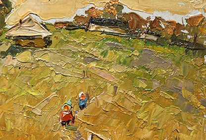 Textured oil painting of Oleksiy Ivanyuk village road to reservoir