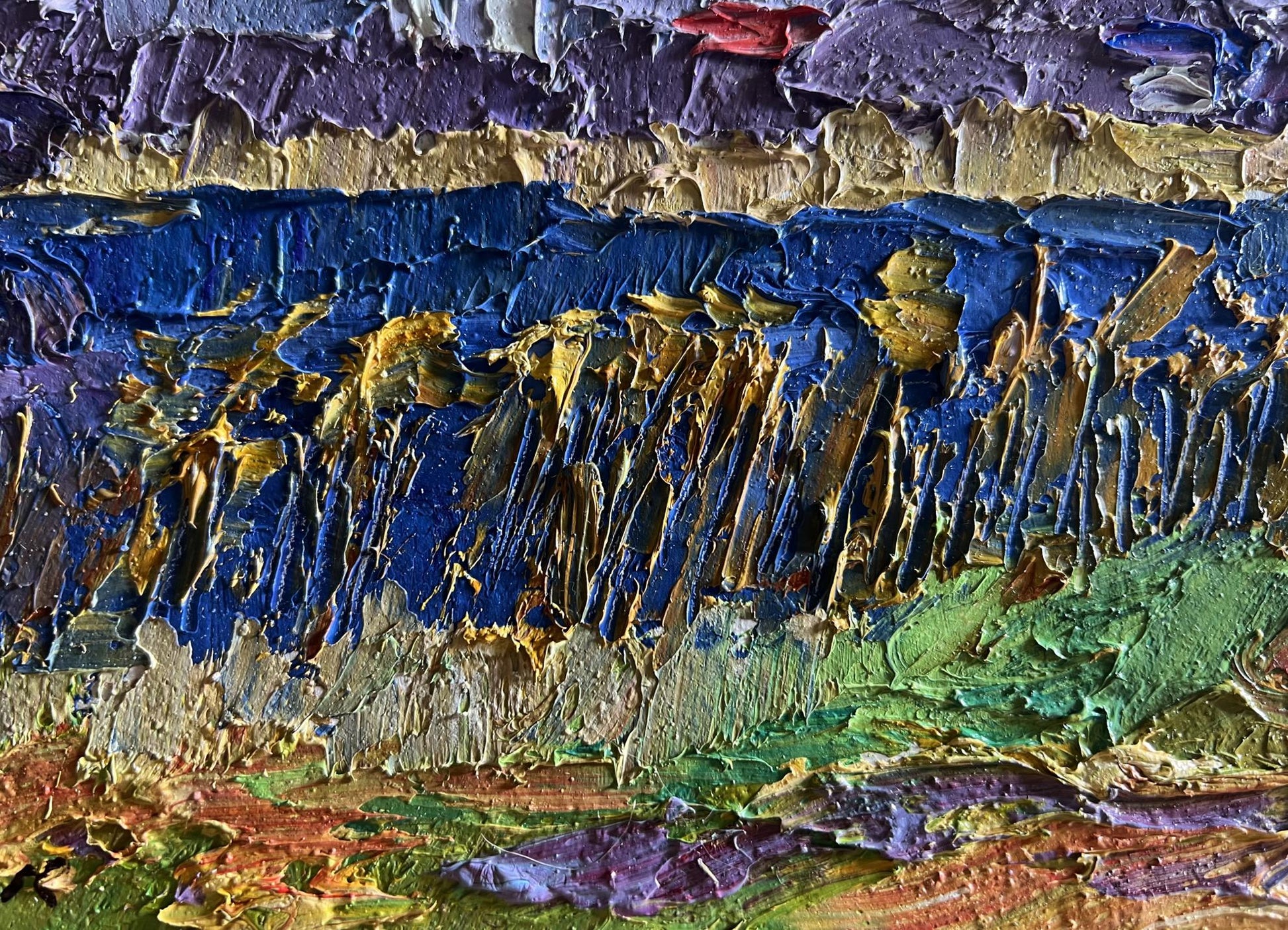 Oil painting of river and golden field by Boris Serdyuk with bold textured brushstrokes