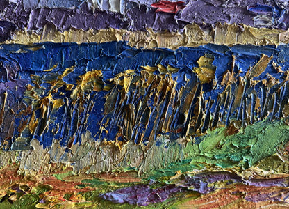 Oil painting of river and golden field by Boris Serdyuk with bold textured brushstrokes