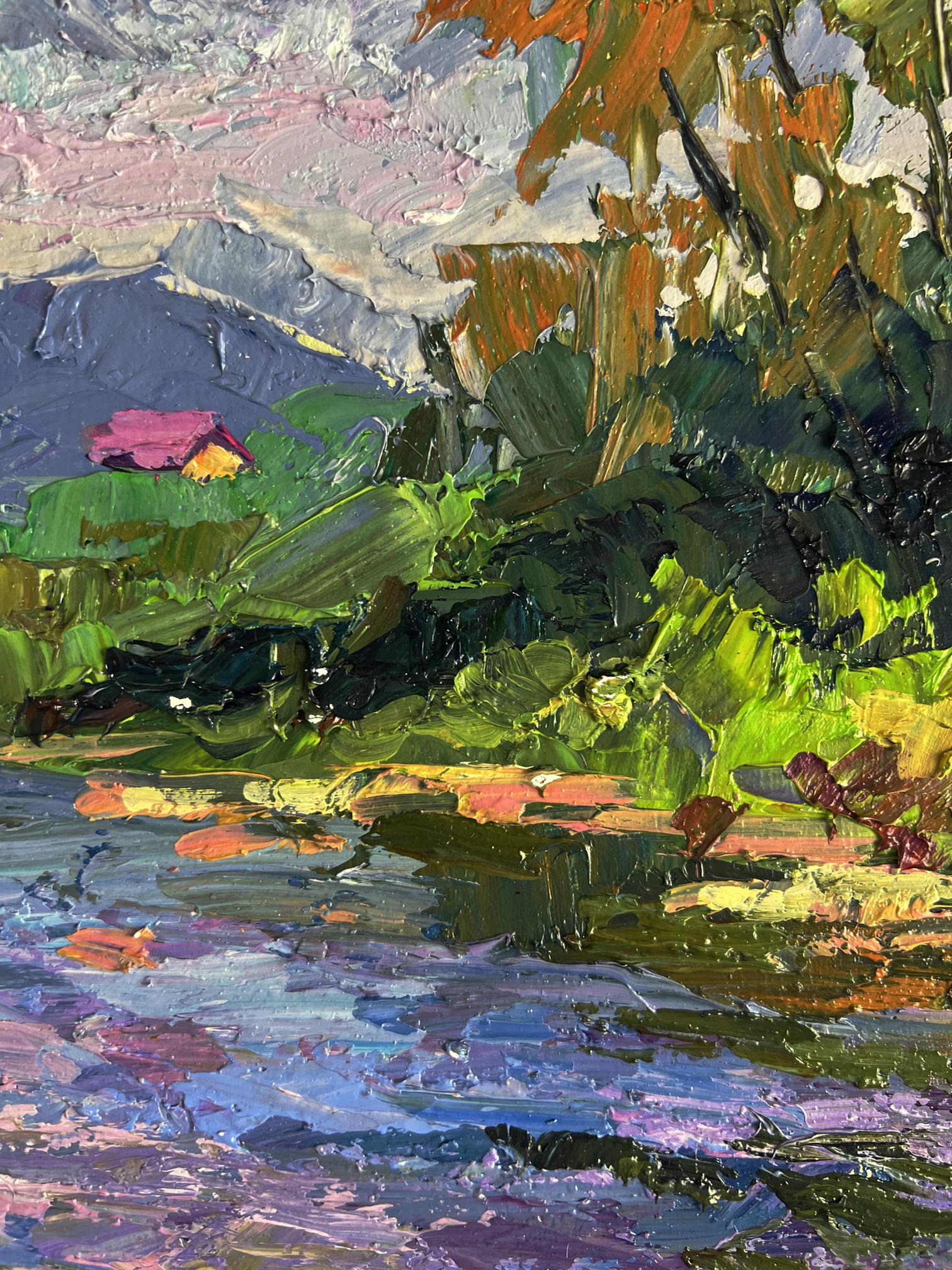 Vibrant impressionist oil painting of Boris Serdyuk mountain river with pink house