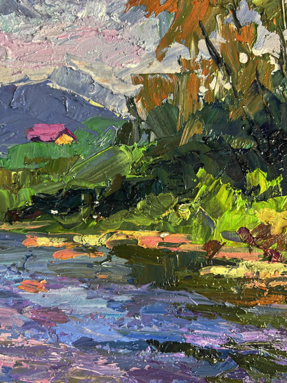 Vibrant impressionist oil painting of Boris Serdyuk mountain river with pink house