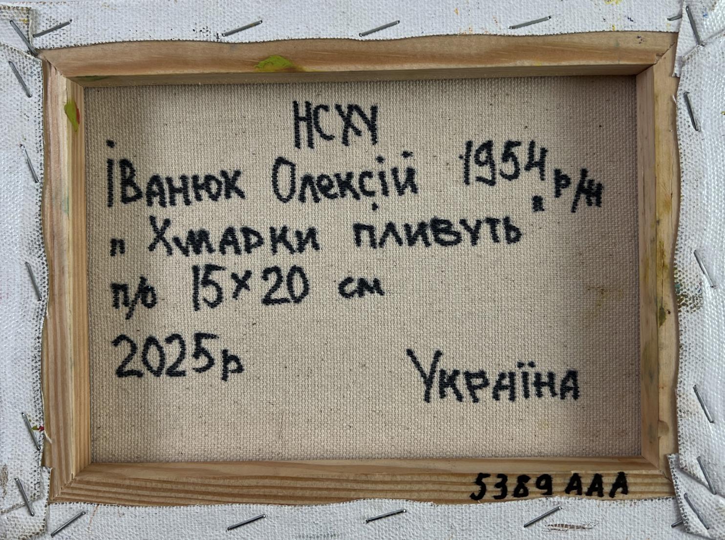 Back of beige canvas with black embroidered text in Oleksiy Ivanyuk Clouds painting frame