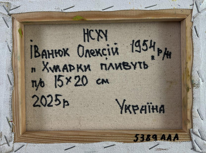 Back of beige canvas with black embroidered text in Oleksiy Ivanyuk Clouds painting frame