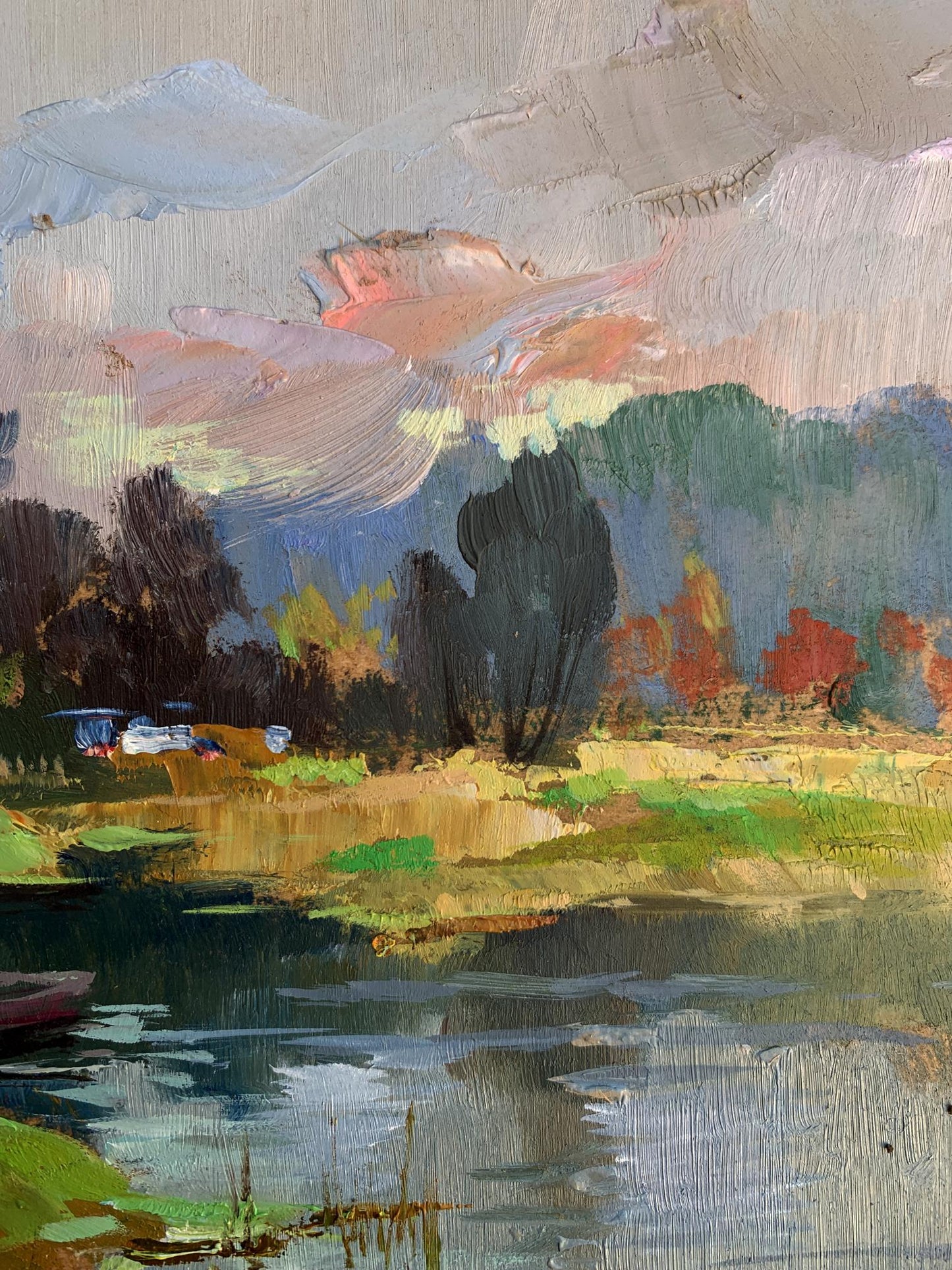 Impressionistic oil painting of Yuriy Suprunyuk lakeside on river left bank