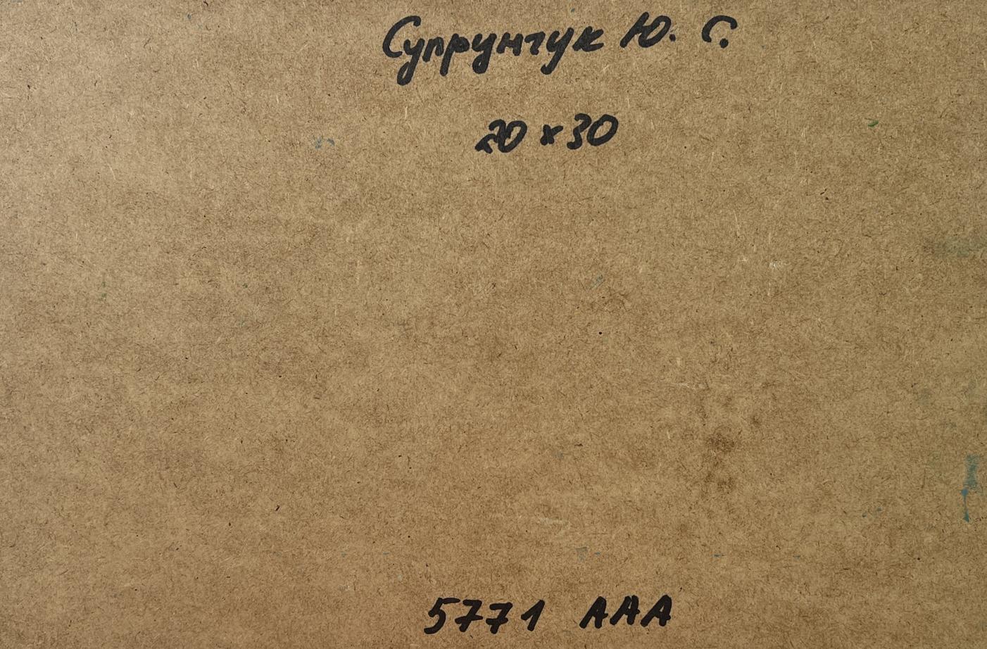 Back of Yuriy Suprunchuk oil painting Sunset at sea with ships, brown cardboard with Cyrillic text and measurements