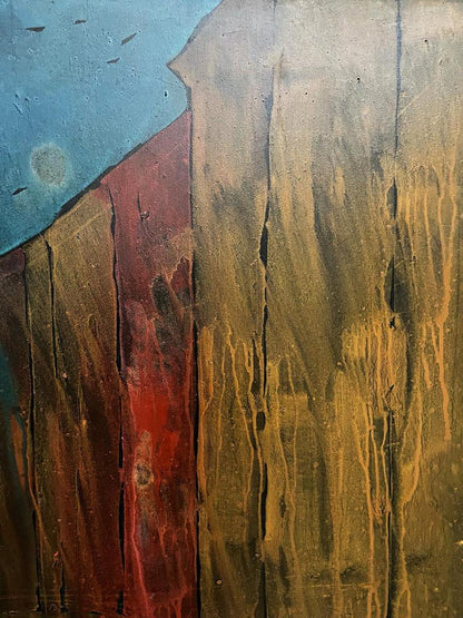 Oil painting Movement by Serhiy Kovalev: textured earthy browns, red streak, blue sky