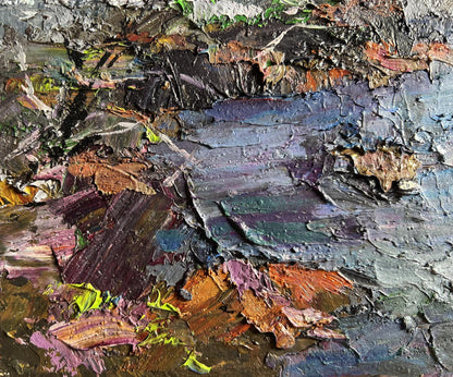 Oil painting Magical Winter by Boris Serdyuk with textured impasto in purples and blues