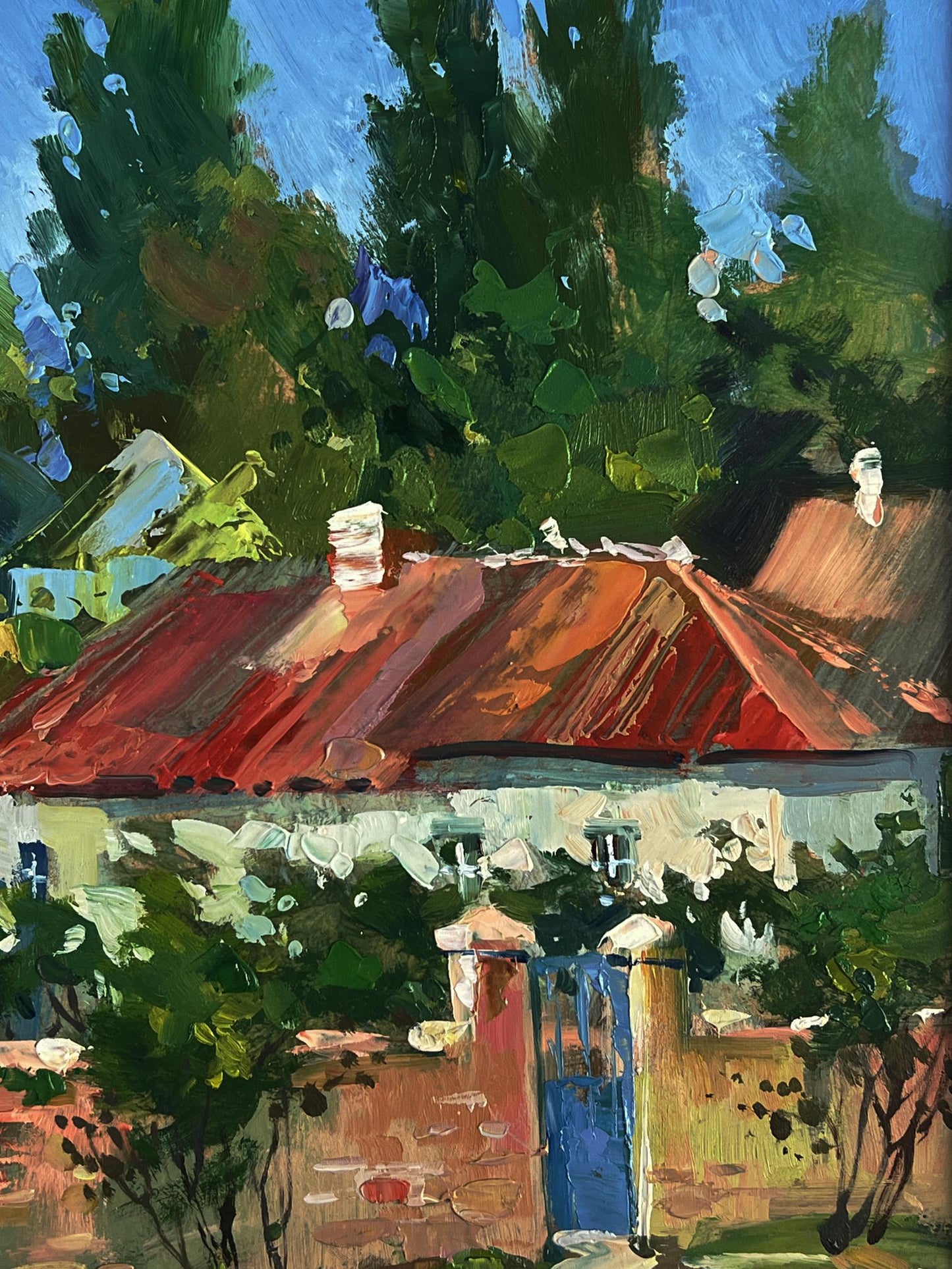 Oil painting of vibrant red tiled roof with white chimneys by Yuriy Suprunchuk