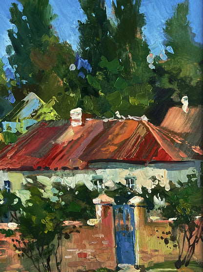 Oil painting of vibrant red tiled roof with white chimneys by Yuriy Suprunchuk