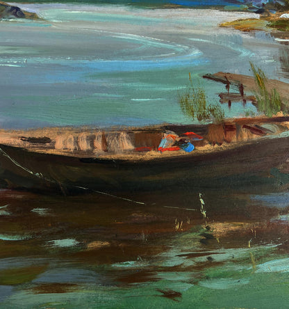 Oil painting of weathered wooden boat on rivers edge by Yuriy Suprunchuk