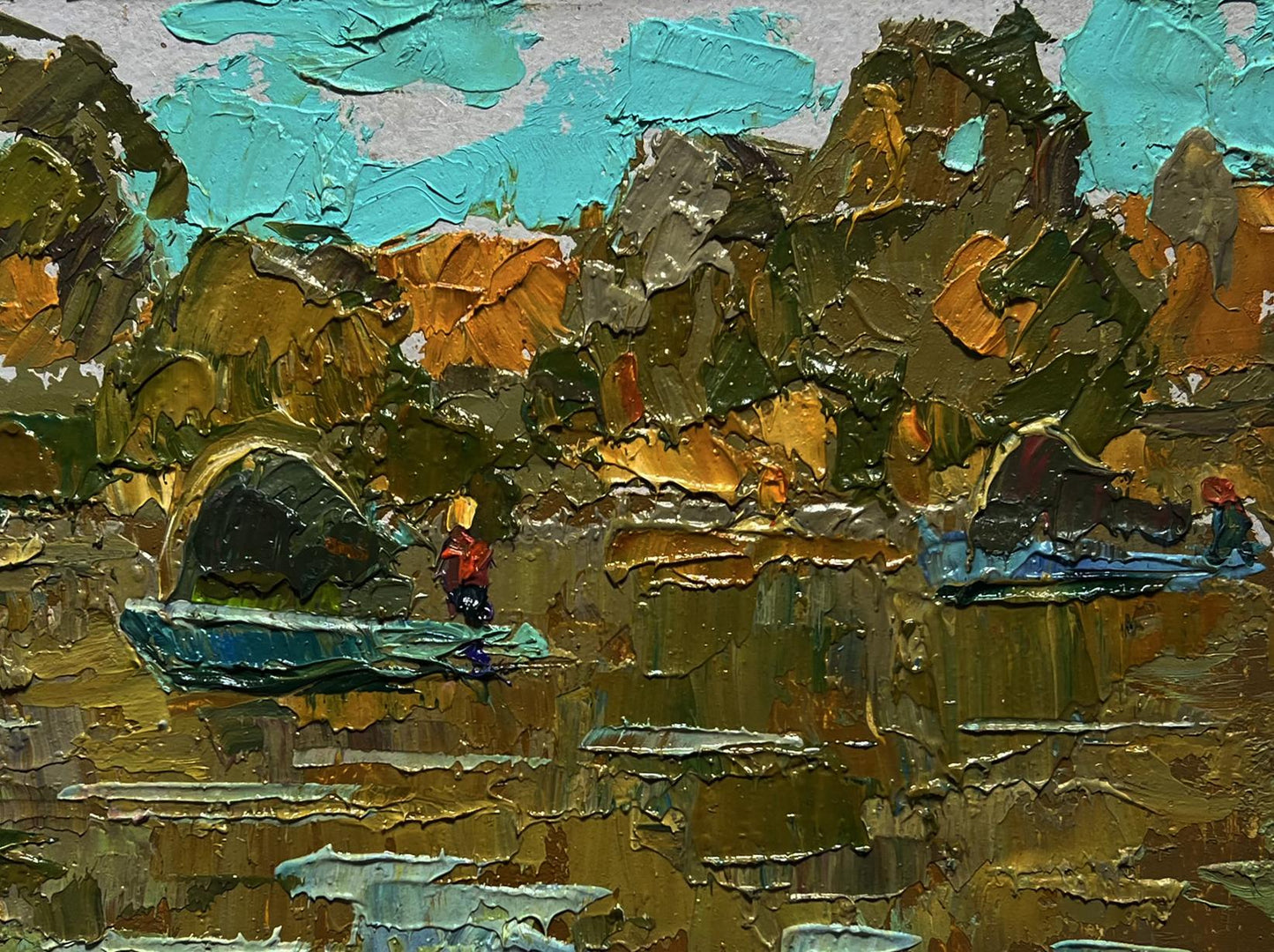 Oil painting The boats are sailing by Oleksiy Ivanyuk, boats on reflective water