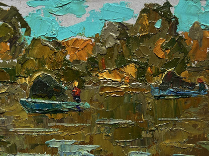Oil painting The boats are sailing by Oleksiy Ivanyuk, boats on reflective water