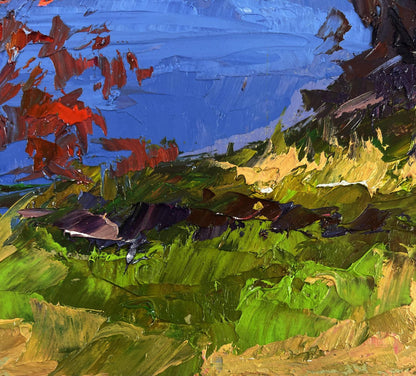 Vibrant oil painting Golden trees and blue horizon by Boris Serdyuk