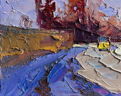 Textured impasto oil painting of snowy street by Boris Serdyuk in blue purple gold red