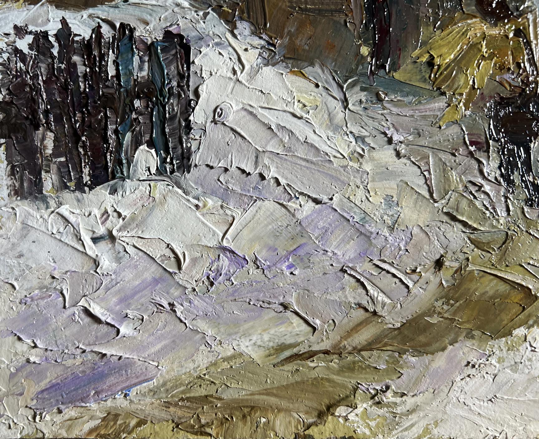Oil painting Winter bustle in the yard by Boris Serdyuk textured white gray scene