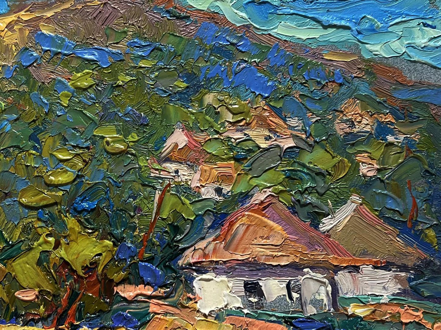 Vibrant impressionist oil painting of Oleksiy Ivanyuk village under mountain