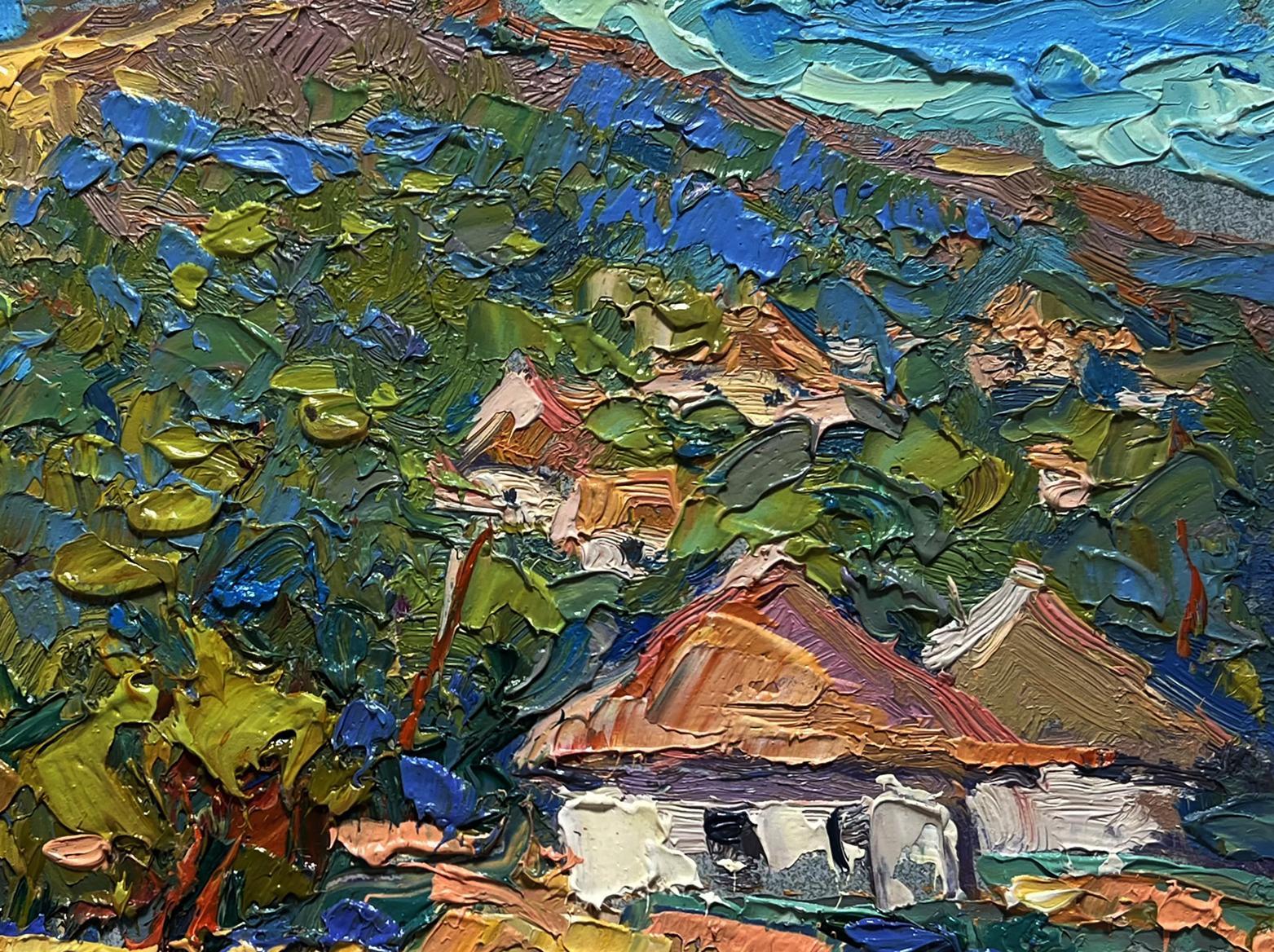 Vibrant impressionist oil painting of Oleksiy Ivanyuk village under mountain