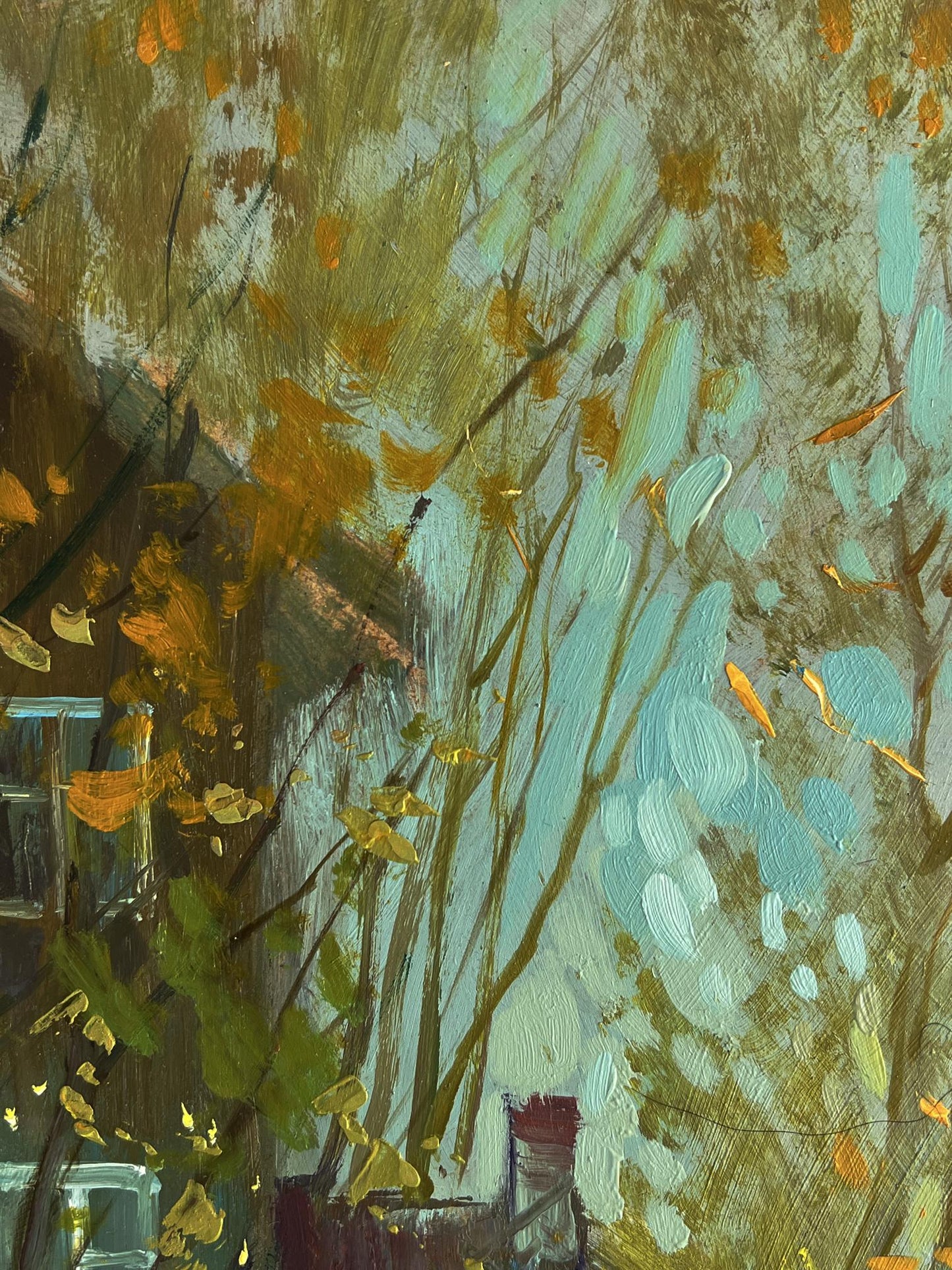 Oil painting of autumn old town street by Yuriy Suprunchuk in teal, gold, browns