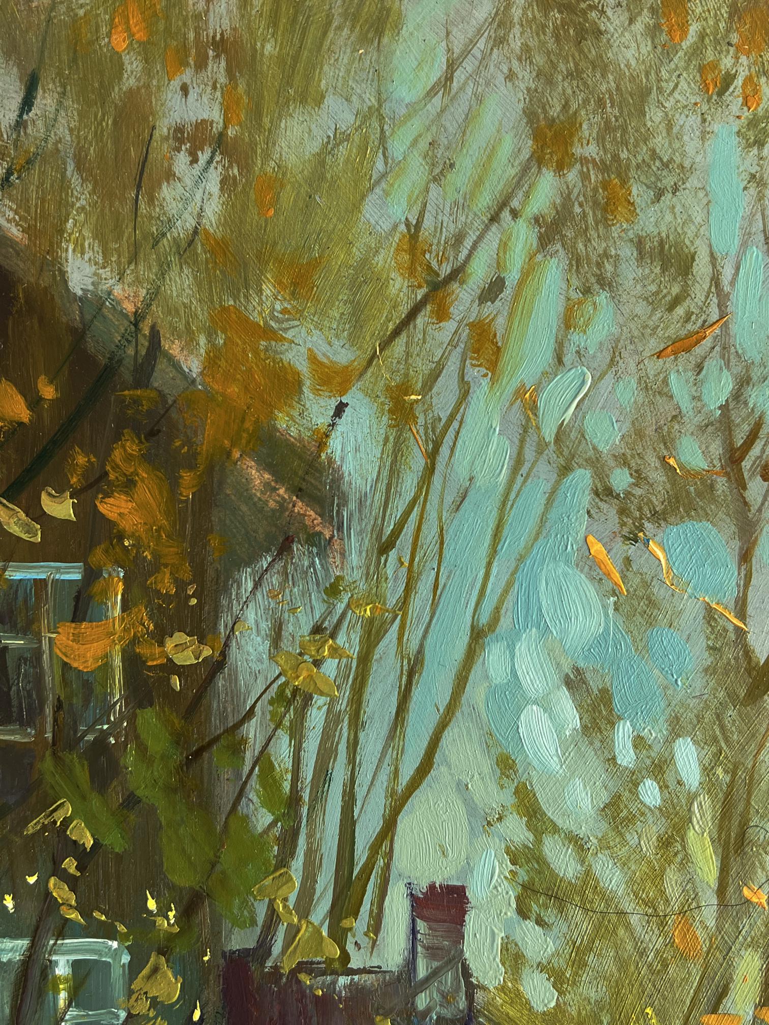 Oil painting of autumn old town street by Yuriy Suprunchuk in teal, gold, browns