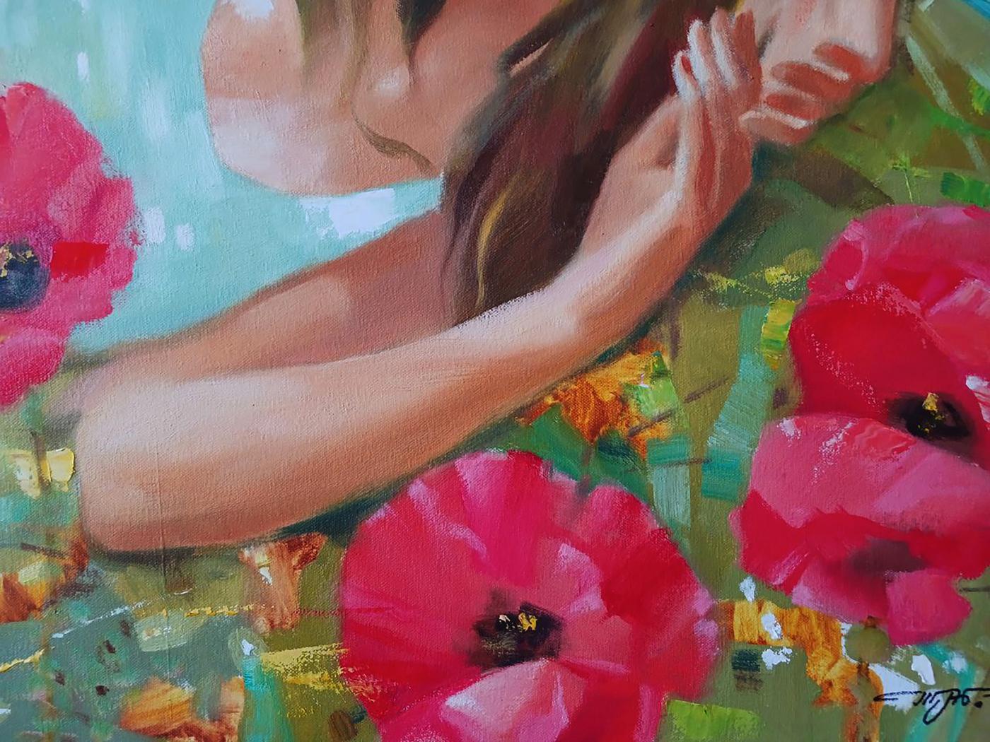 Abstract oil painting Red poppies by Anatoly Tarabanov with woman and pink poppies