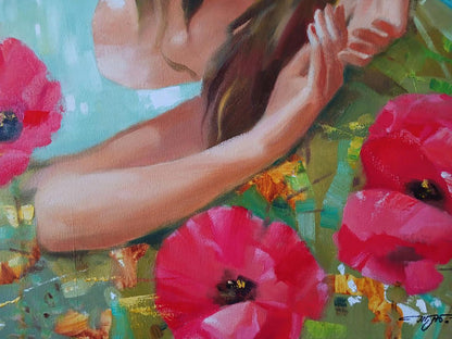Abstract oil painting Red poppies by Anatoly Tarabanov with woman and pink poppies