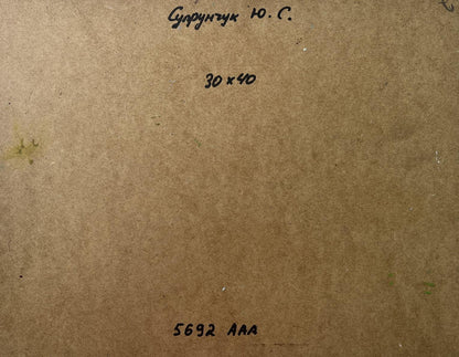 Back of Yuriy Suprunchuk oil painting House by the sea with brown cardboard handwritten measurements