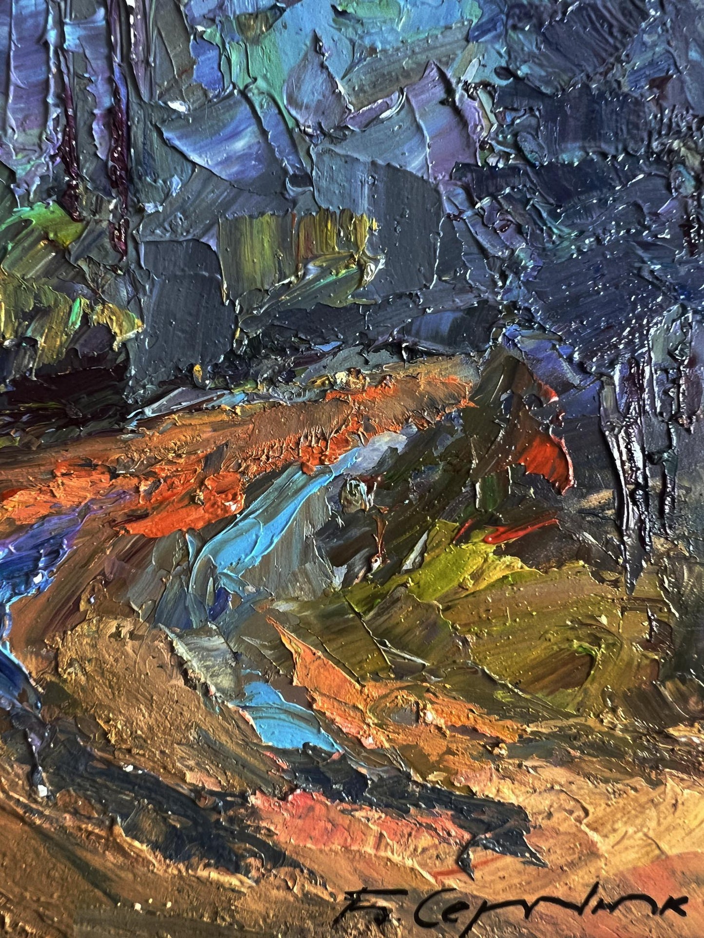 Oil painting Road to the autumn forest by Boris Serdyuk in blues and oranges