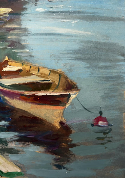 Oil painting of weathered wooden rowboat on calm water by Yuriy Suprunchuk