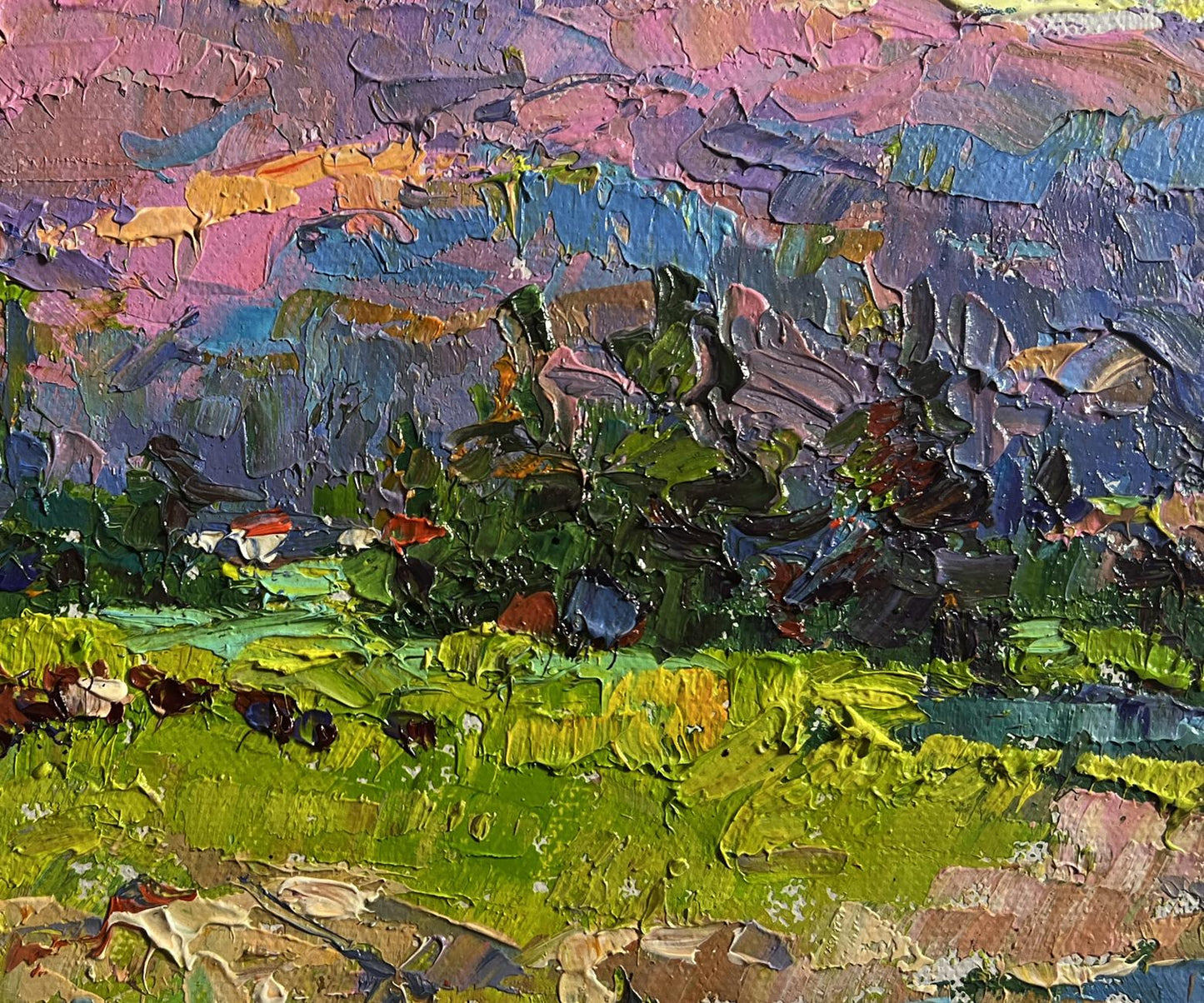 Vibrant impressionist oil painting of mountains in summer sun by Oleksiy Ivanyuk