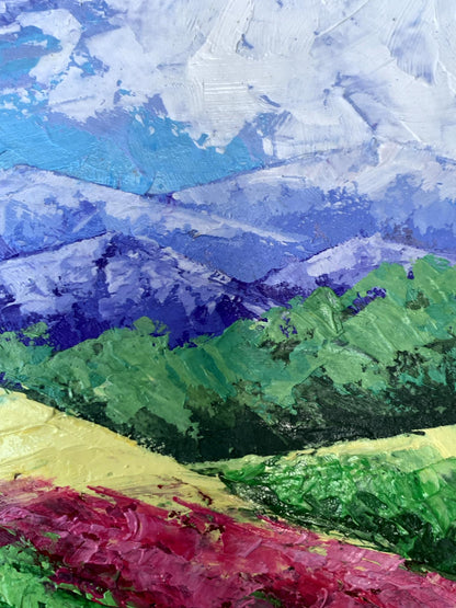 Vibrant oil painting of layered mountains and clouds by V. Zadorozhnya