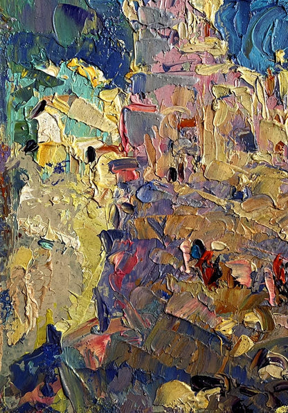 Vibrant oil painting of city tower on sunny day by Oleksiy Ivanyuk
