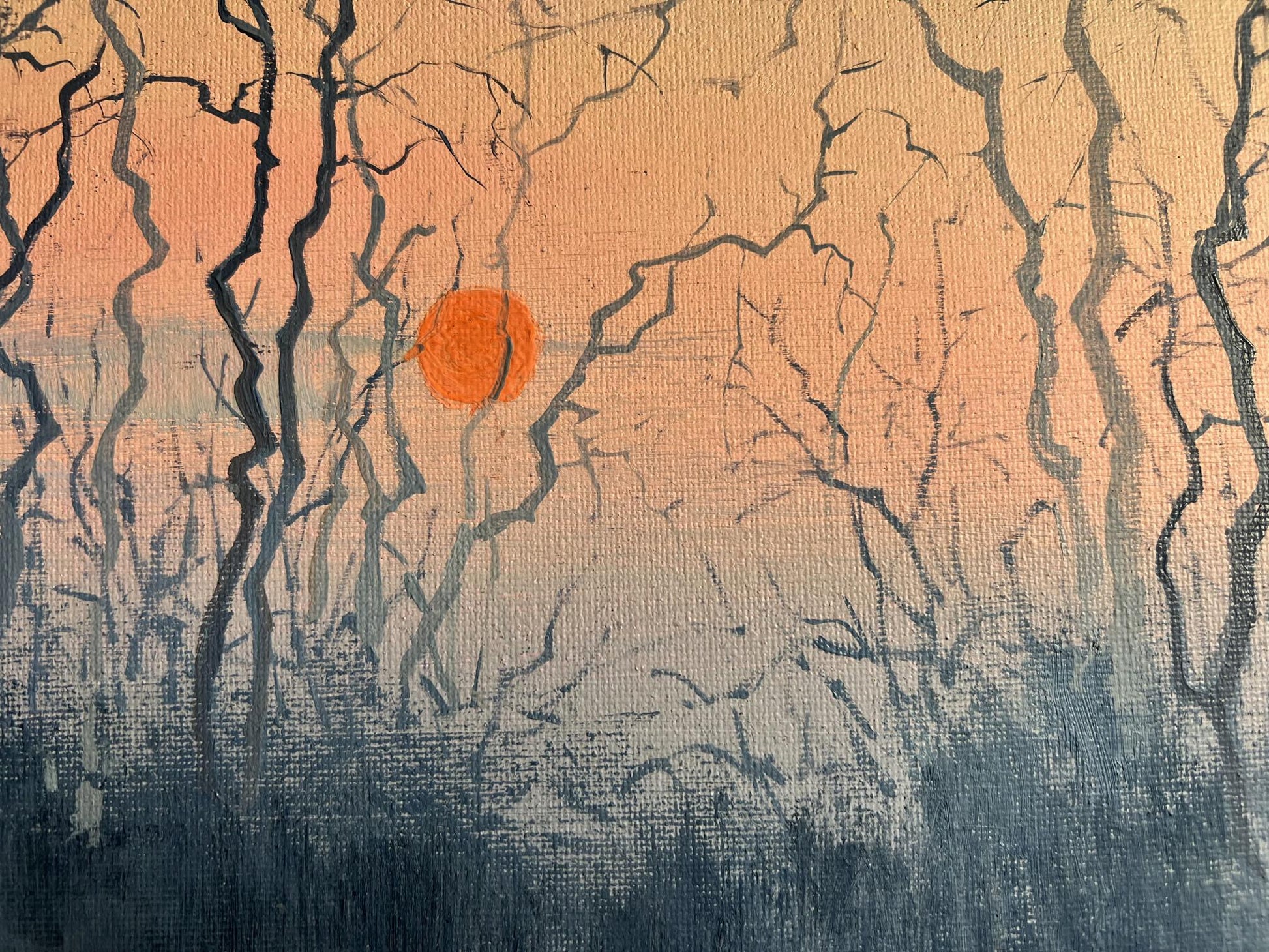 An orange sun painted against a textured canvas backdrop of bare, black-inked tree branches.