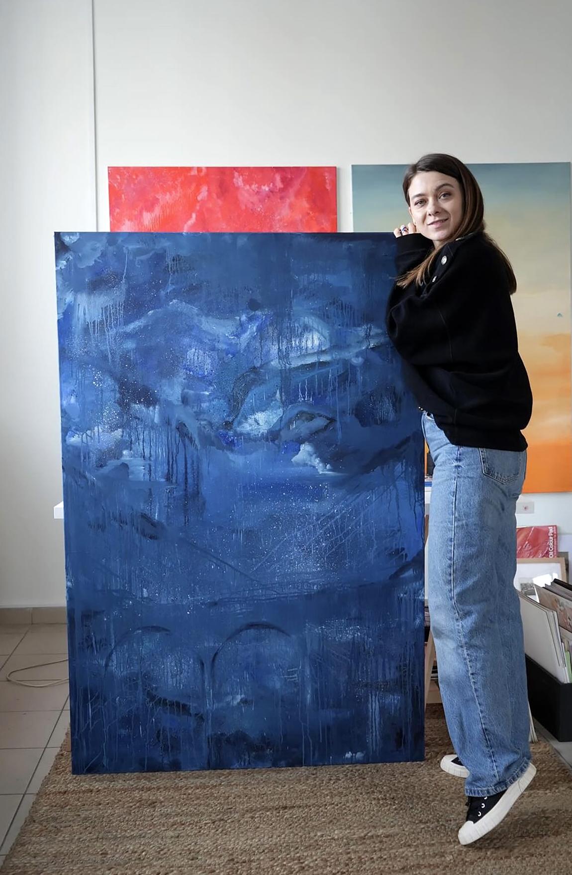 Oil painting Future city by Victoria Kagalovska, deep blue abstract with textured strokes