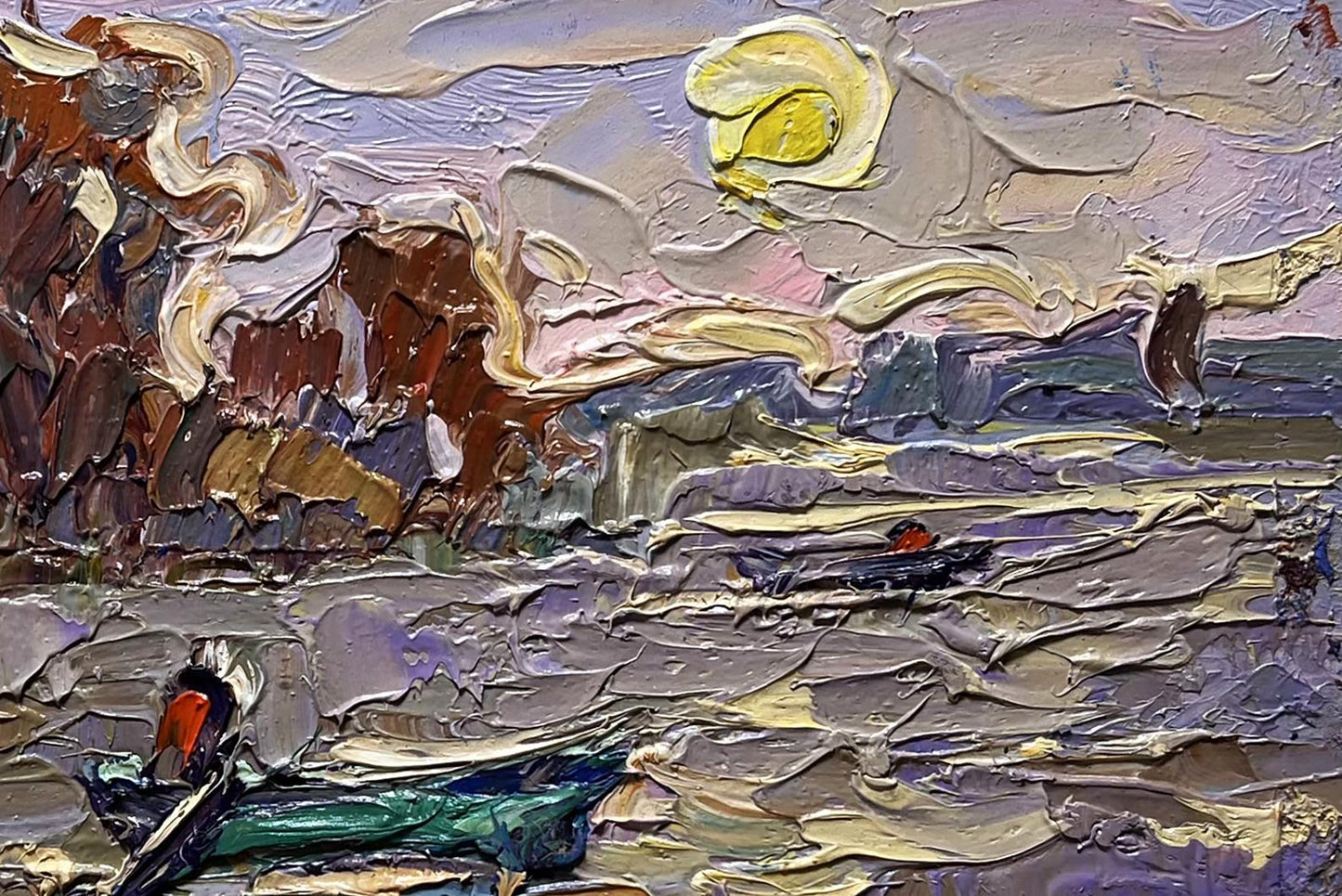 Impressionistic oil painting by Oleksiy Ivanyuk of river rising in village