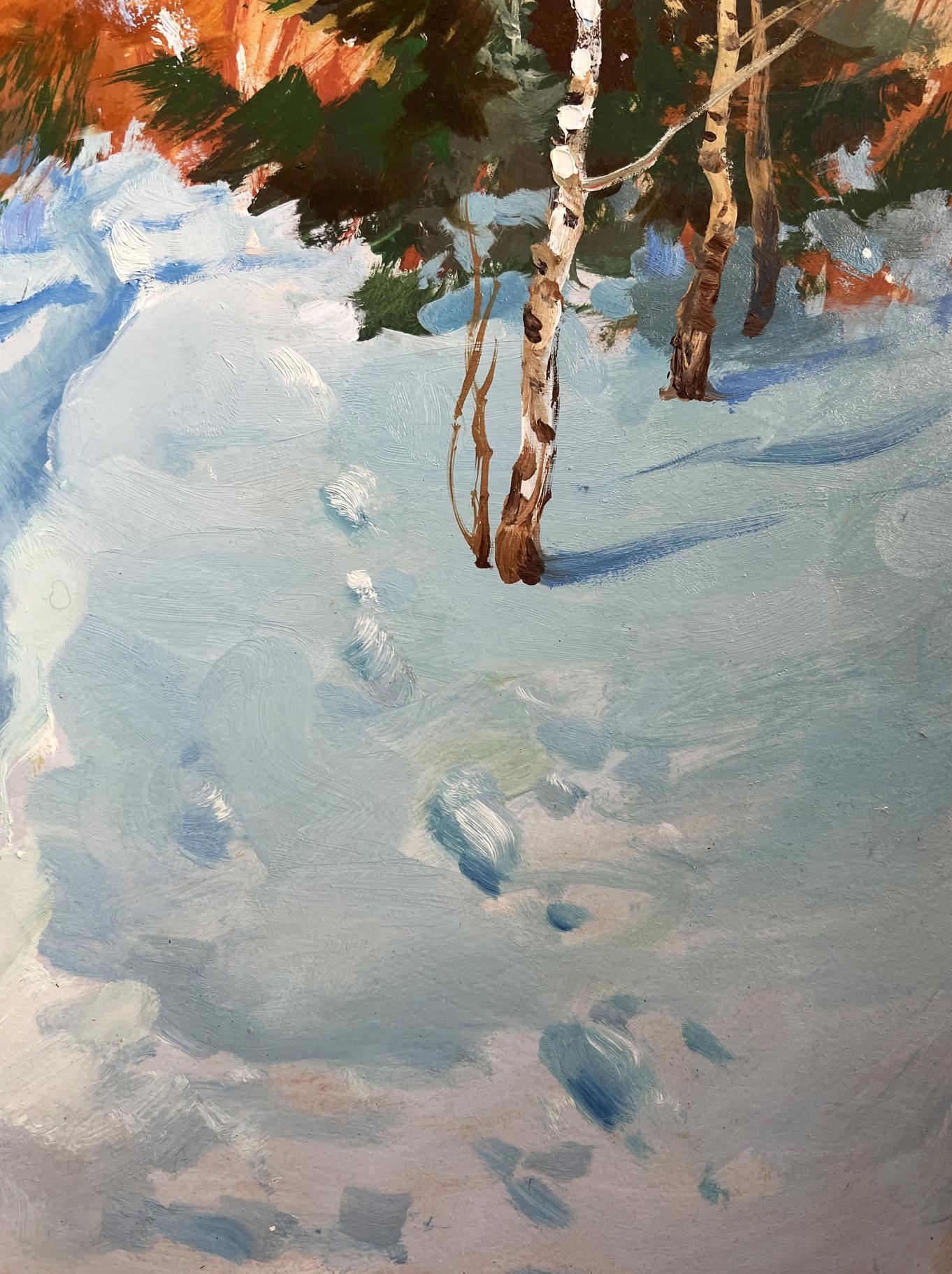 Oil painting Winter path in the forest by Yuriy Suprunchuk, snowy birch trees