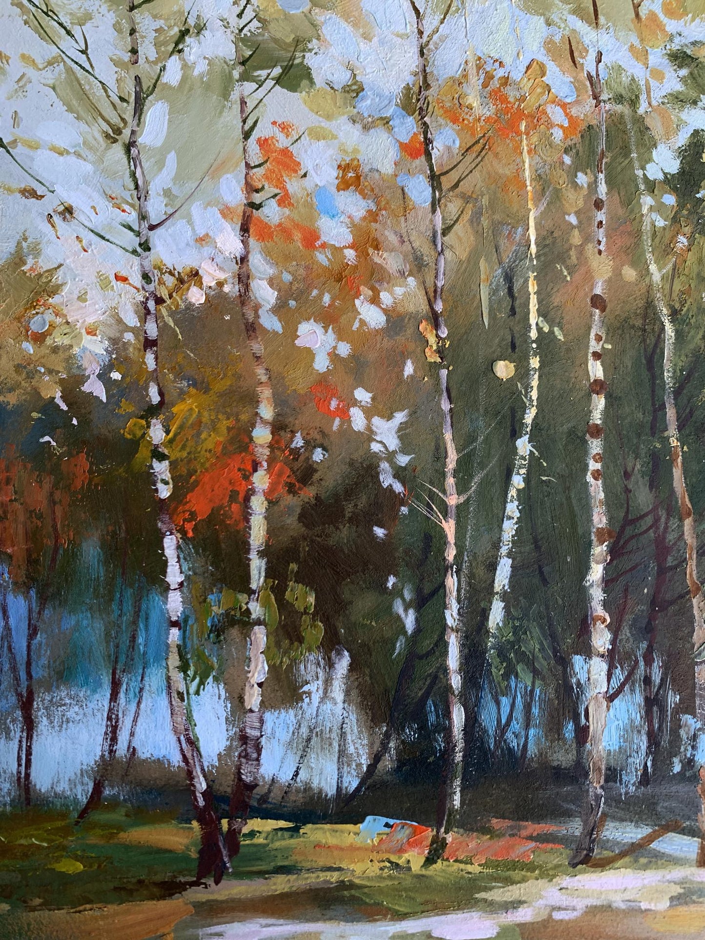 Impressionistic oil painting of birch autumn forest by Yuriy Suprunchuk