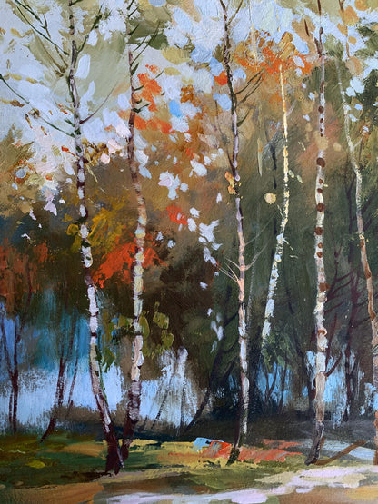 Impressionistic oil painting of birch autumn forest by Yuriy Suprunchuk