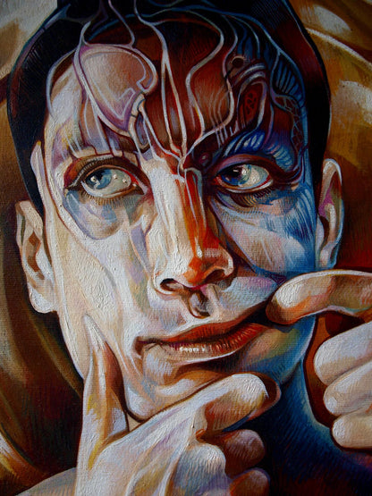 Surreal oil painting Horns in my head by Konsta G. Amelinn, split-face portrait