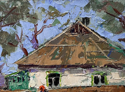 Oil painting of grandma on bench by Oleksiy Ivanyuk, rustic house