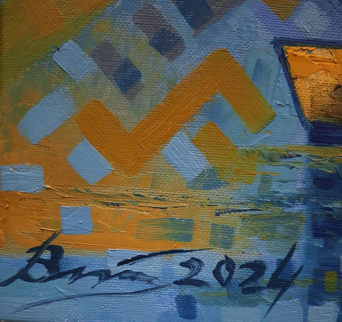 Abstract orange blue geometric oil painting by Sergiy Voichenko