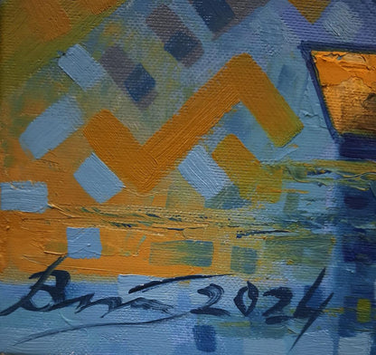 Abstract orange blue geometric oil painting by Sergiy Voichenko