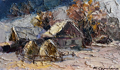 Textured oil painting of rustic wooden house by Boris Serdyuk