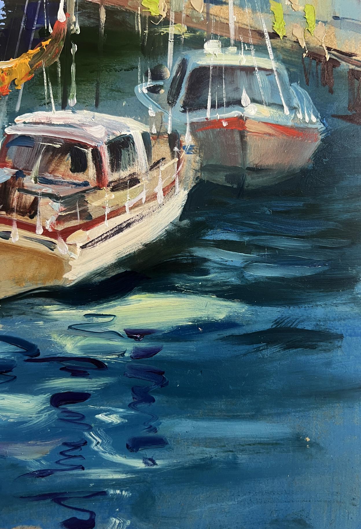 Oil painting of white red yacht in Venice canals by Yuriy Suprunchuk