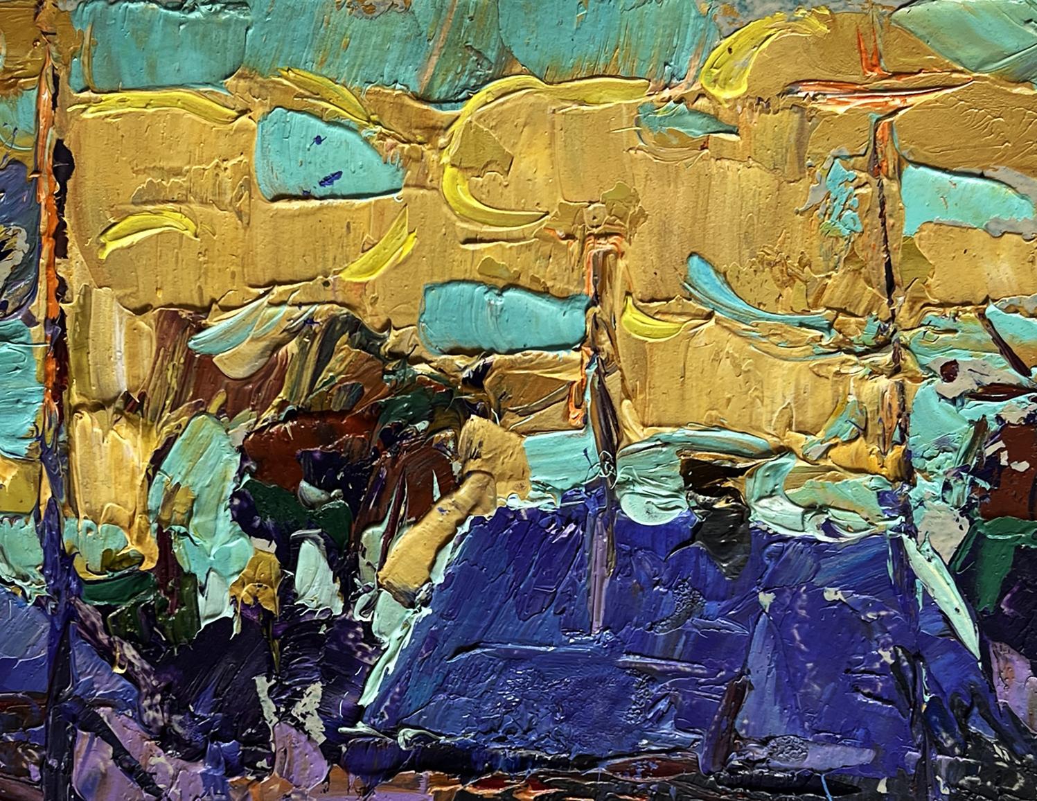 Oil painting Cold evening in the village by Oleksiy Ivanyuk in gold and teal impasto