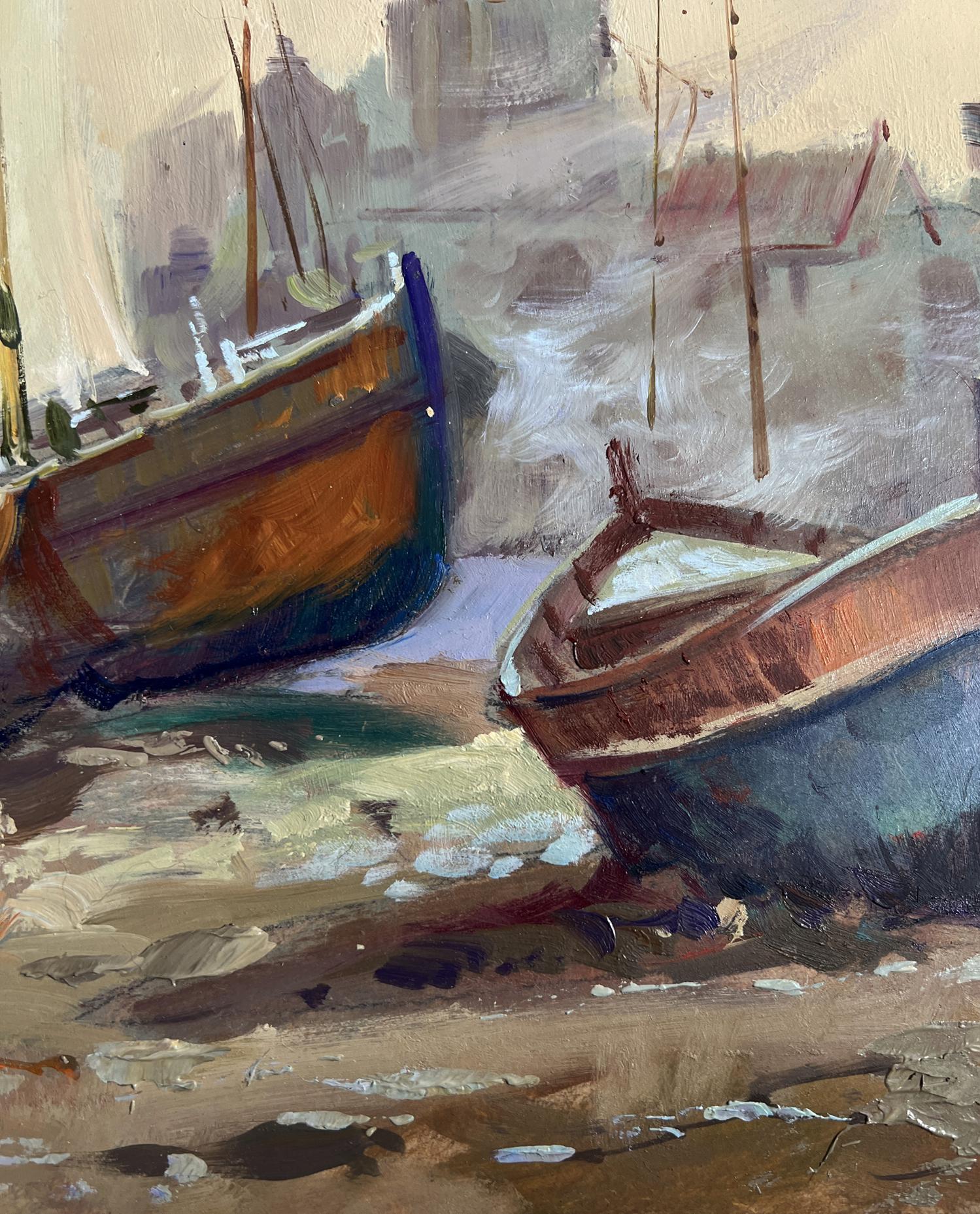 Oil painting Evening on the pier by Yuriy Suprunchuk with two boats on shore